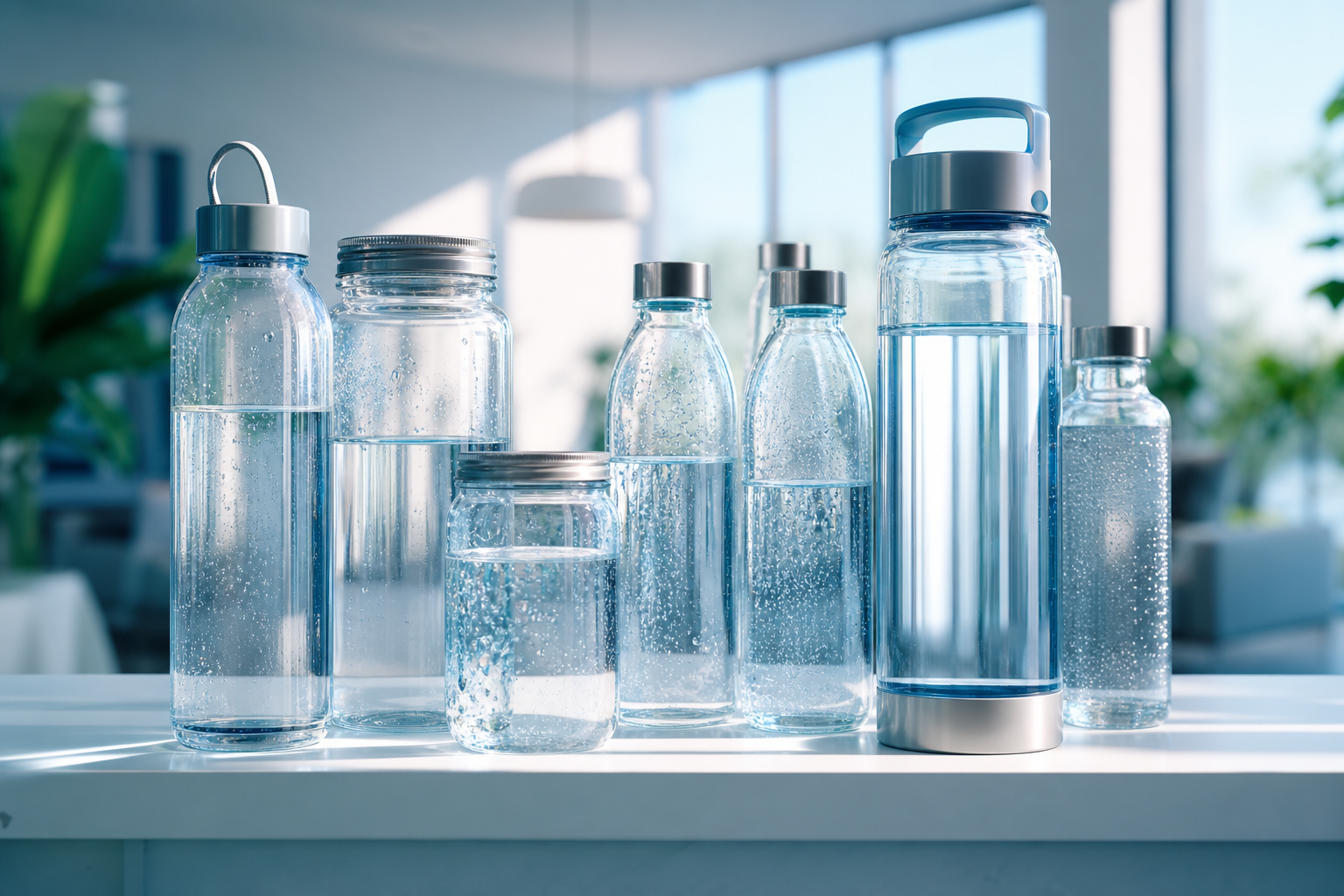 Pristine water bottles in marketplace